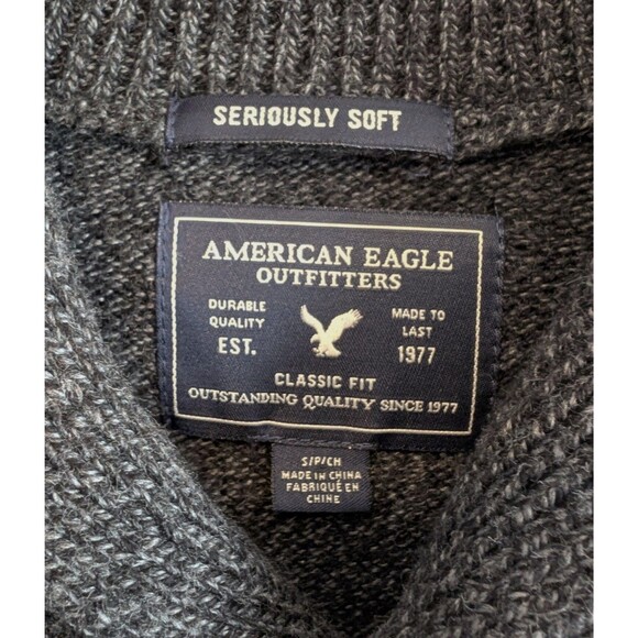 American Eagle Size Small Knit Sweater Mens AE Shawl Collar Pocket Gray Classic - Picture 2 of 5